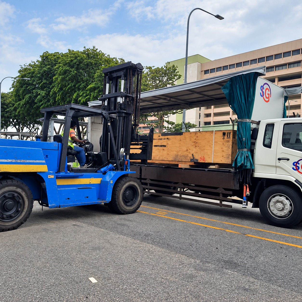 Forklift handling a wooden cargo crate beside an SGO Logistics truck at the airfreight terminal